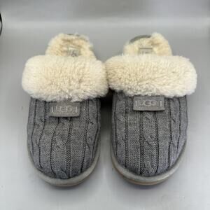 UGG Cozy Knit Mule Slippers Womens Size 9 Gray Sheepskin Fur Lined Cozy Shoes